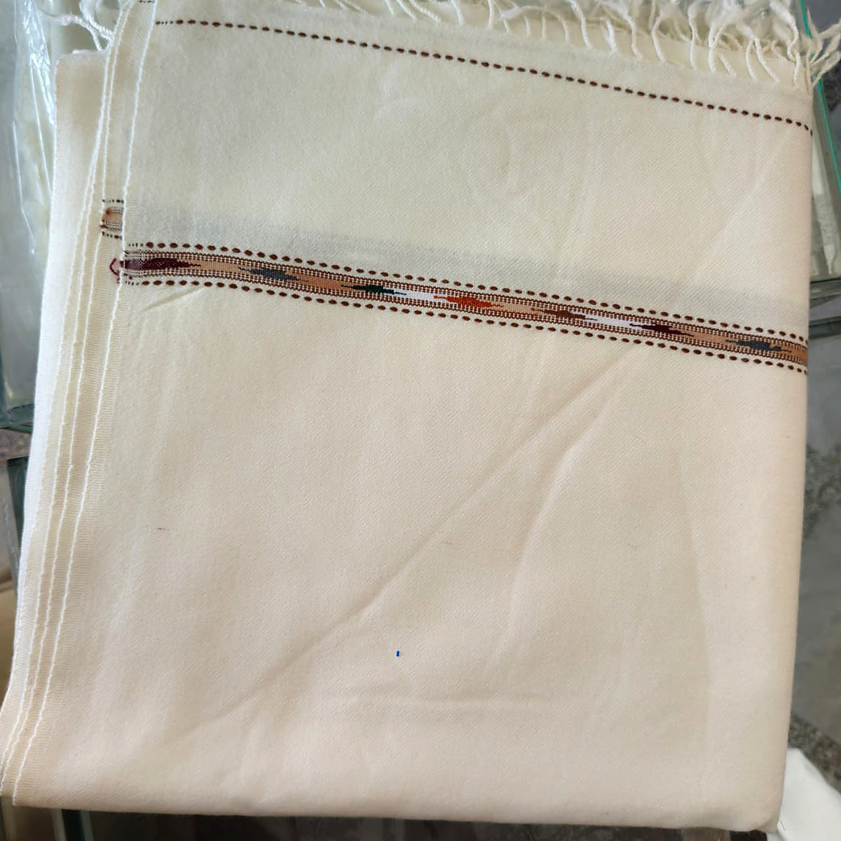 MILAMA men's Ivory Shawl with Brown Dotted Woven Border reference view 1