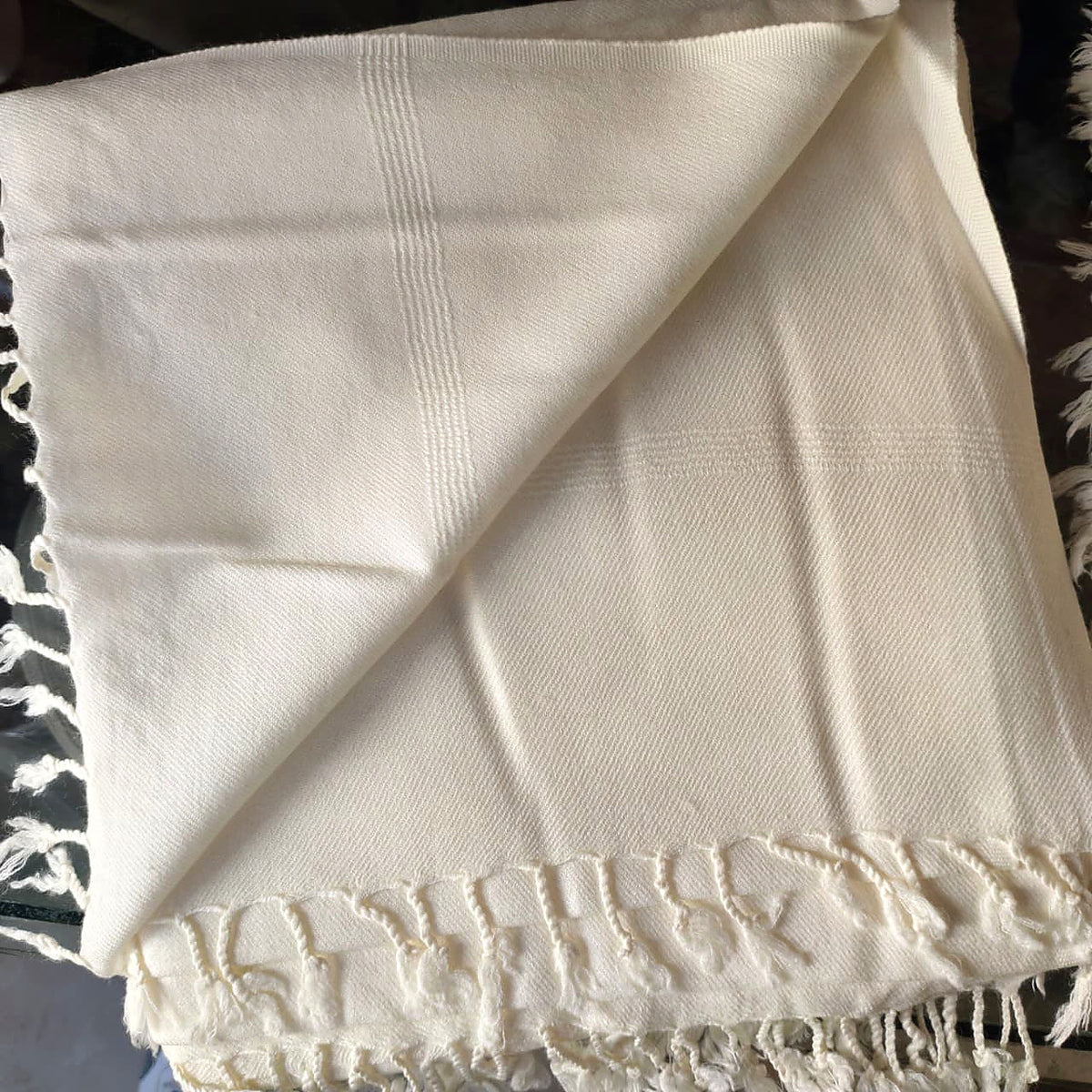 Men's Ivory Shawl with Tonal Woven Lines, product detail 10