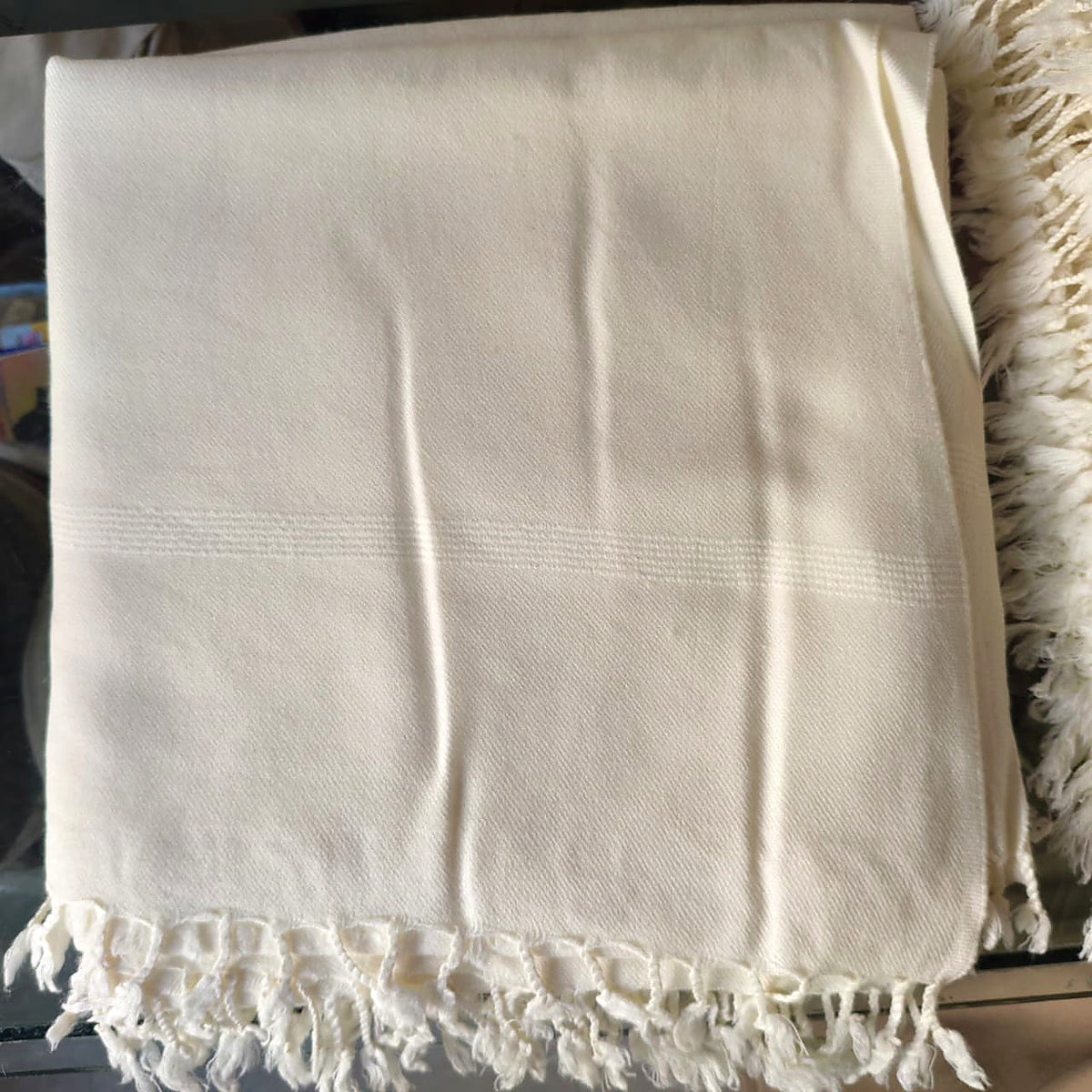 Men's Ivory Shawl with Tonal Woven Lines, product detail 17