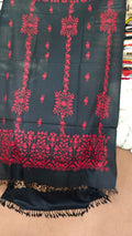 Women's black shawl with vivid red floral embroidery, full view