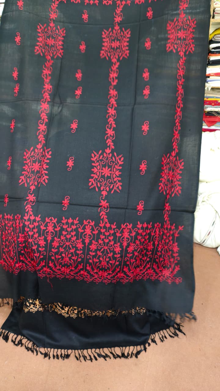 Women's Black Shawl with Red Floral Border Embroidery
