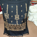 Women's black shawl with gold floral embroidery, full view